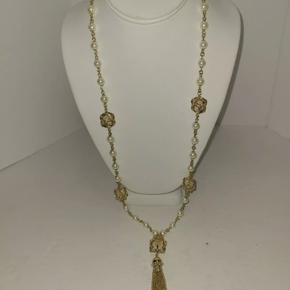Gold Tone, Long Necklace With Pearl Tassel - Picture 2 of 2